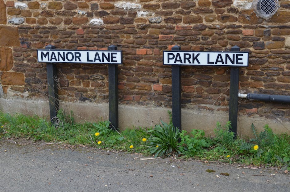 Two black and white street name signs mounted on black posts are positioned against a brick wall on the pavement. The left sign reads 'MANOR LANE' and the right sign reads 'PARK LANE'. Below the signs, there is a patch of grass with small yellow flowers and green plants growing along the base of the wall. Part of a grey drainage pipe is visible on the right side of the brick wall. The signage and surrounding environment suggest an urban setting, which may be relevant for house removals and home relocation services provided by Man with Van Wealdstone, especially when planning moving logistics or packing in narrow street conditions such as Headstone Lane moves.